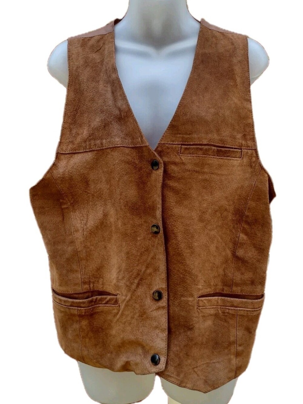 Shebang Suede Leather Vest Vintage 90s Women XL Cognac Brown Western Boho